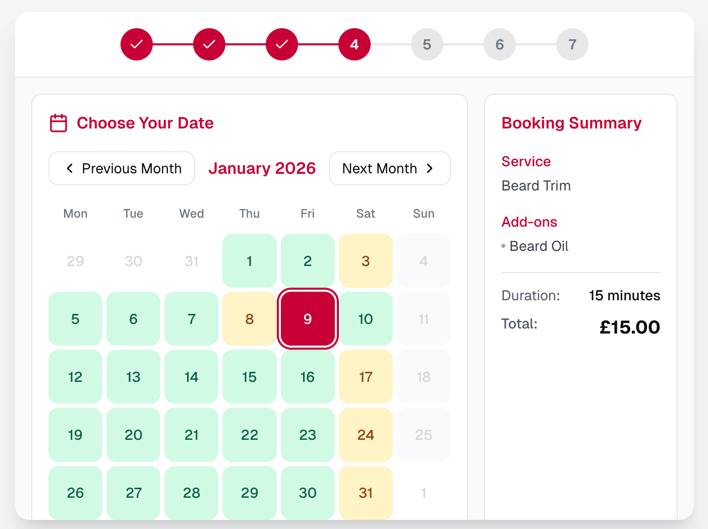 Customer booking flow showing date selection and booking summary