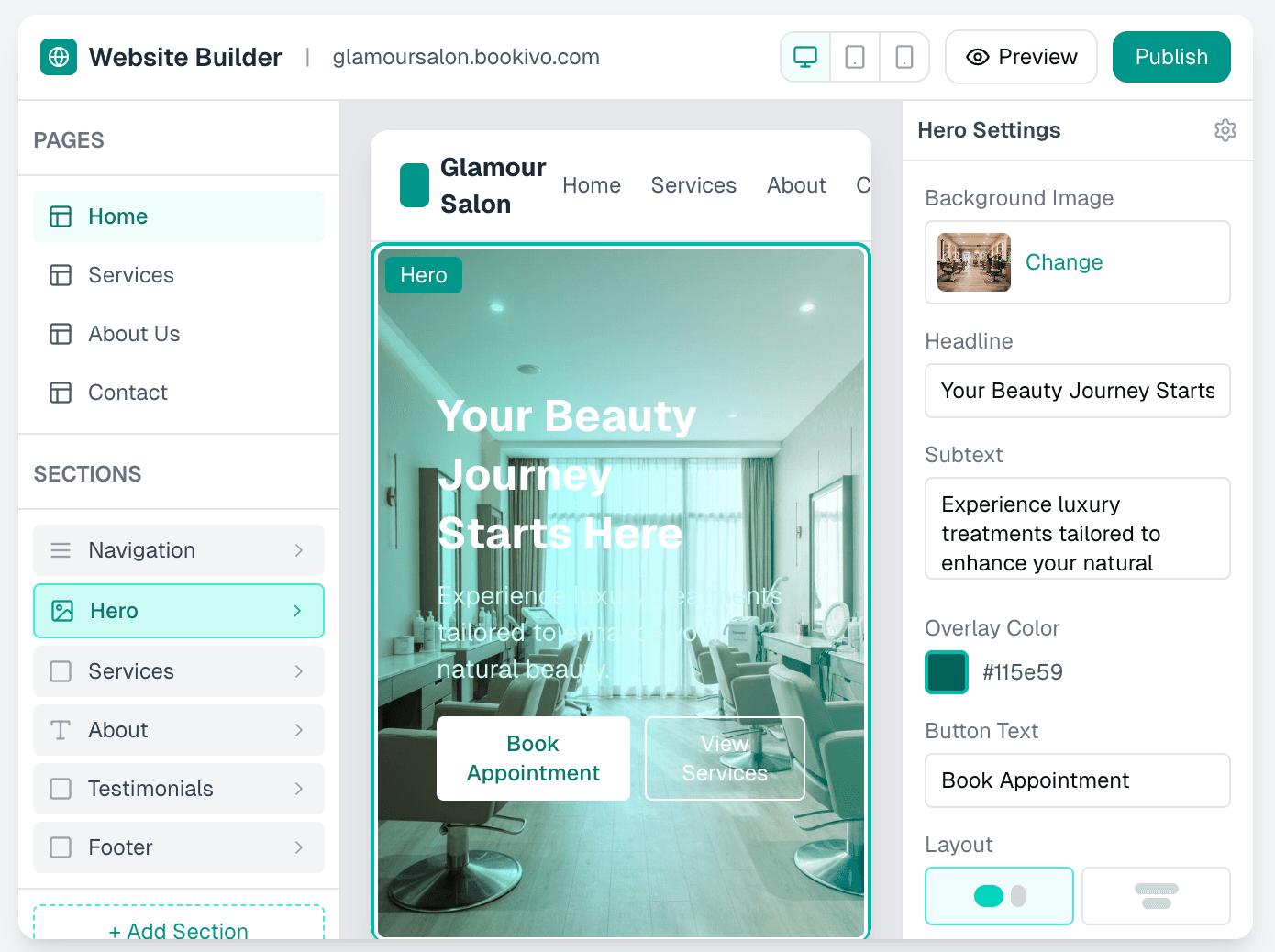 Bookivo website builder editor with live preview