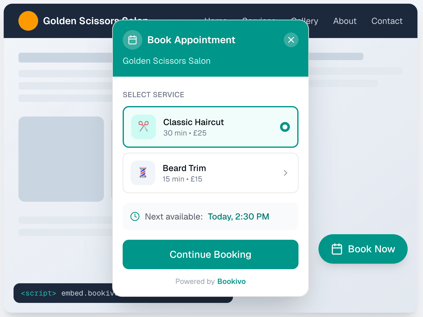 Bookivo booking widget preview showing the Book appointment flow