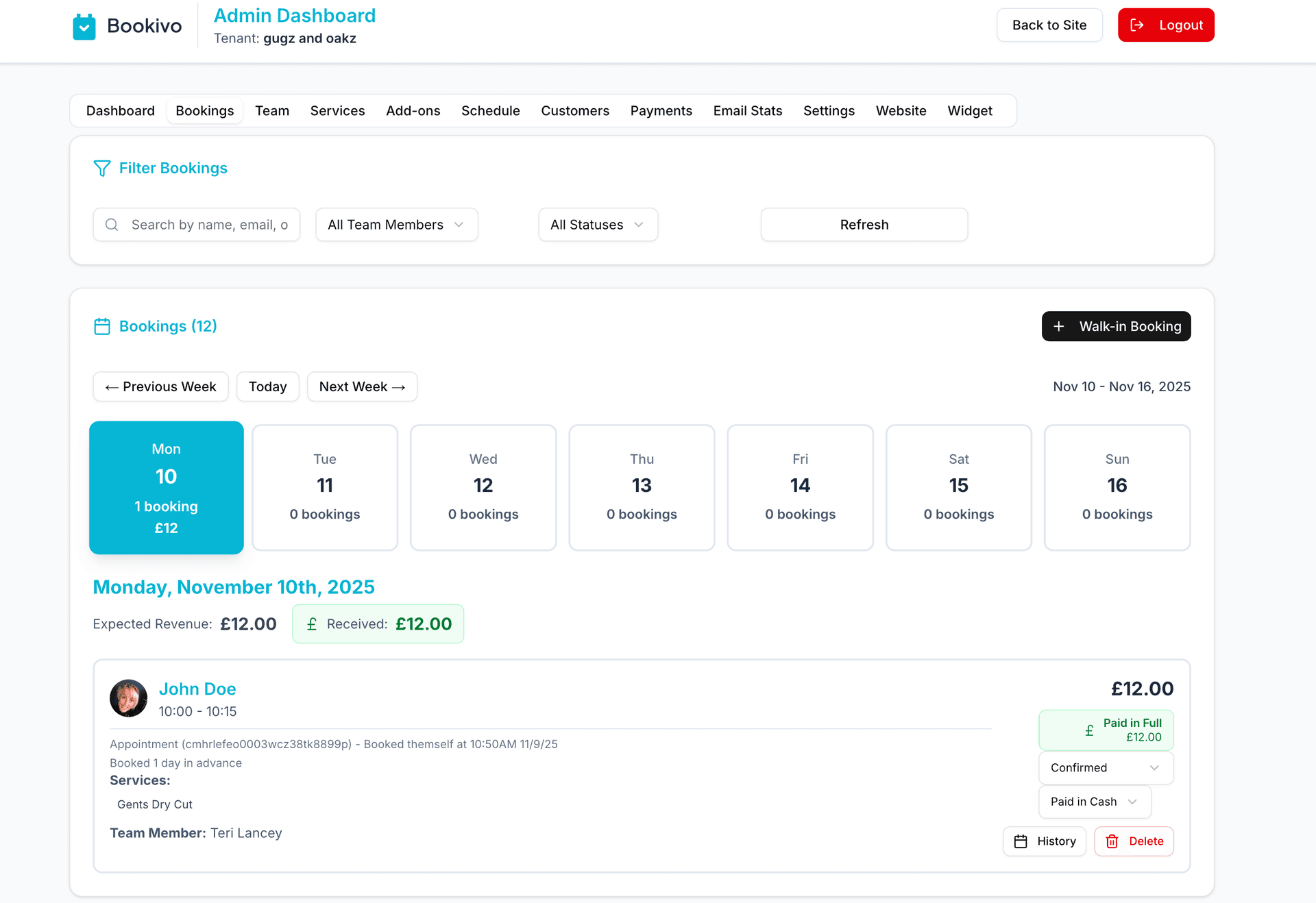 Bookivo admin calendar - Easily readable calendar view separated by days of the week